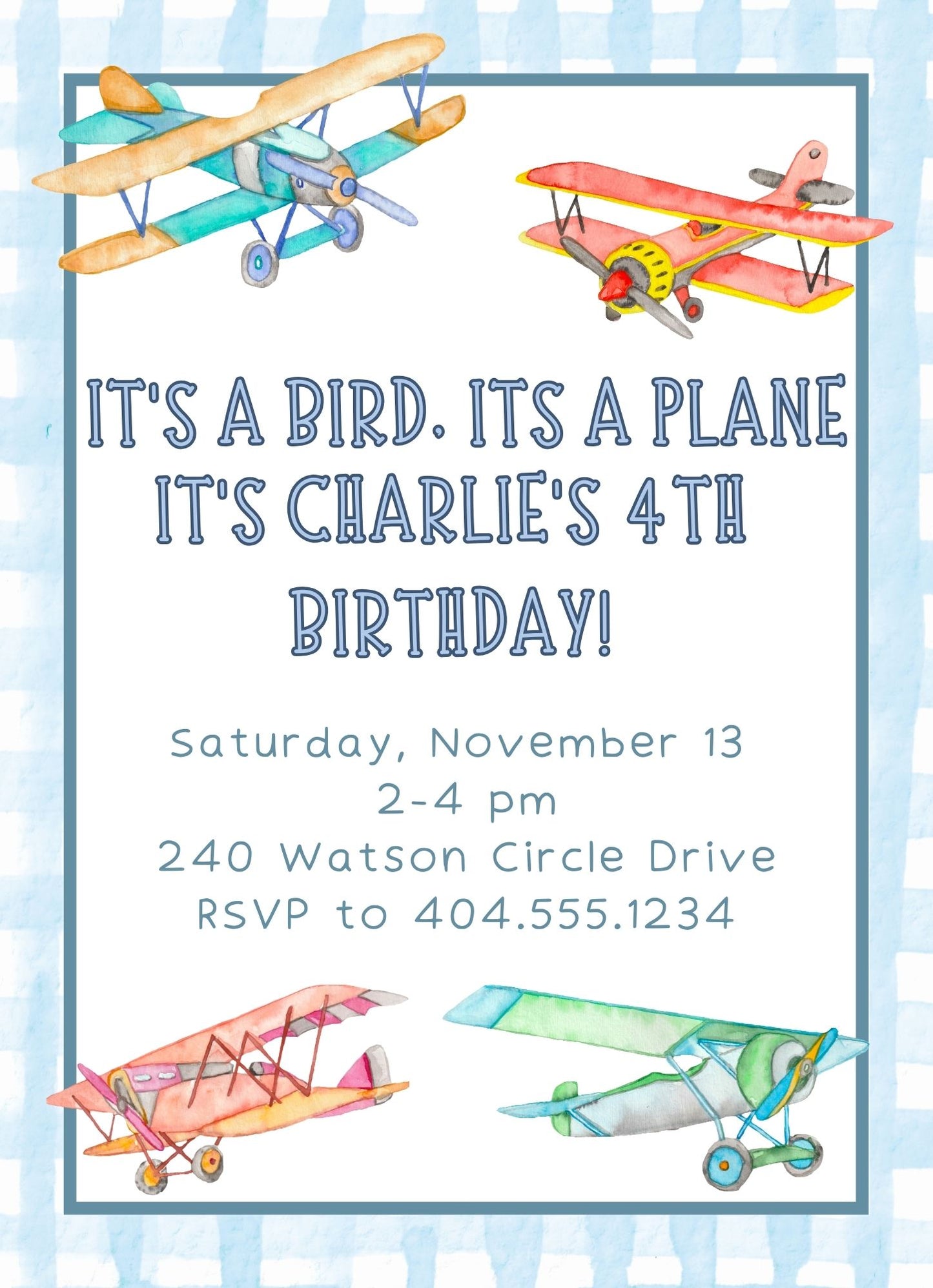 children's watercolor airplane birthday invitations