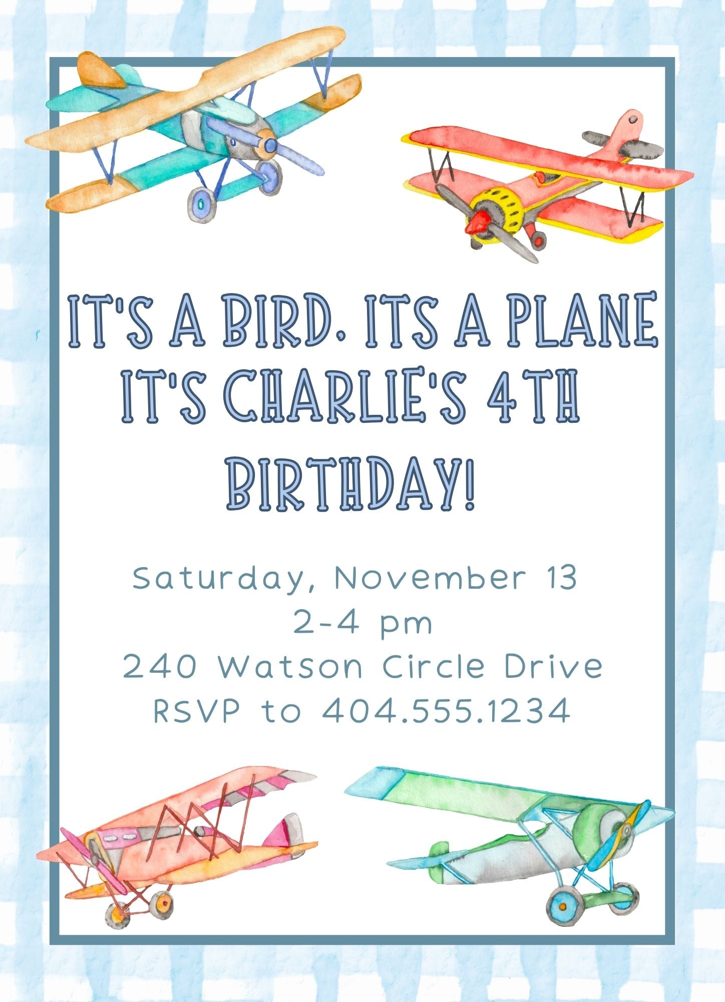 children's watercolor airplane birthday invitations