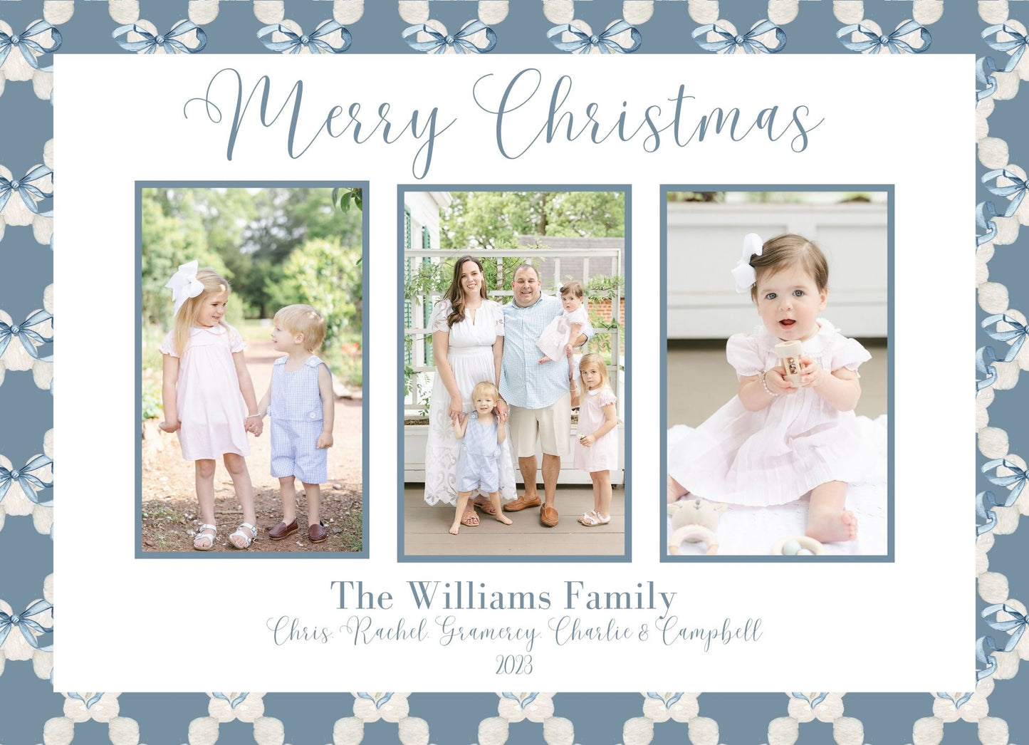 Three Photo Ribbon and Pearls Holiday Card