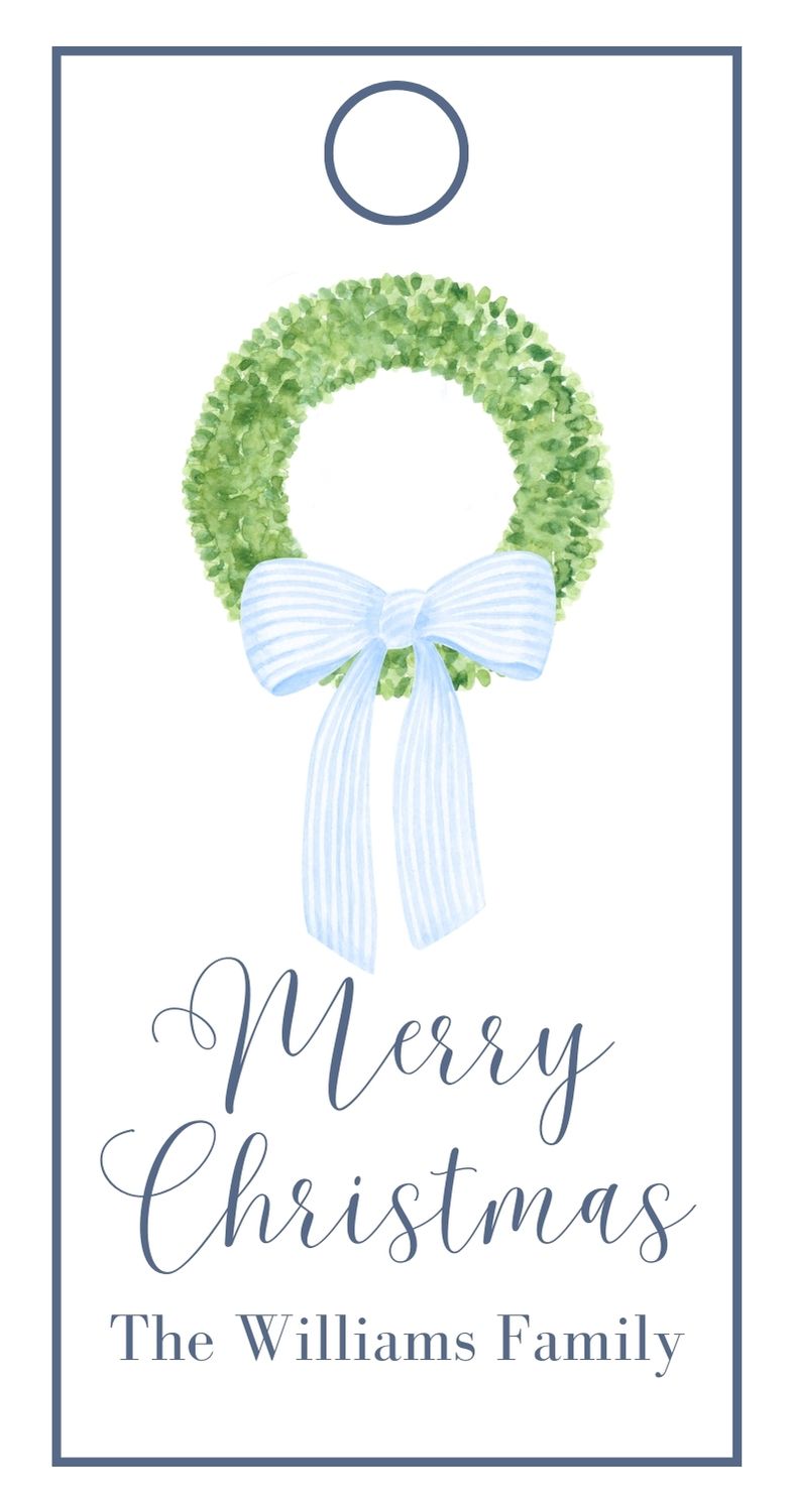 Blue Stripe Bow Christmas Wreath Rectangle Gift Tag
