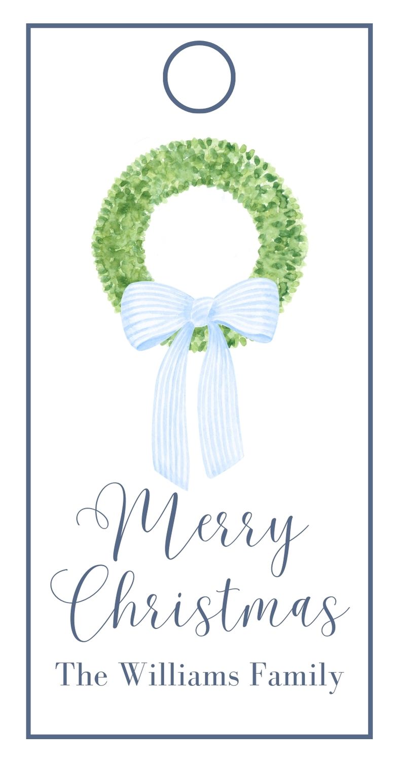 Blue Stripe Bow Christmas Wreath Rectangle Gift Tag