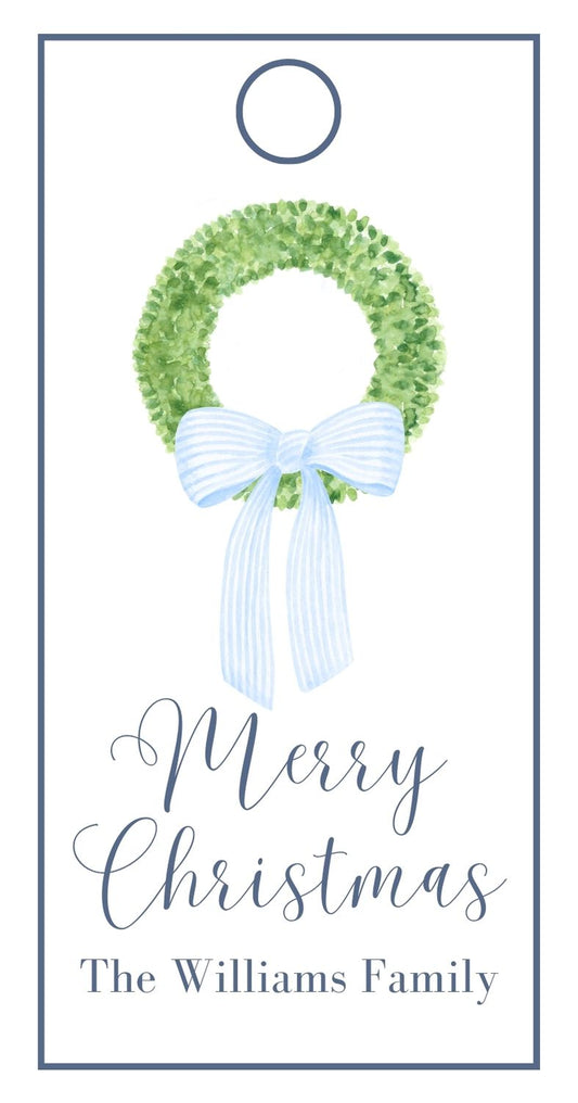 Blue Stripe Bow Christmas Wreath Rectangle Gift Tag